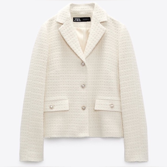ZARA Cream / white blazer jacket Rhinestones Classy Simple Tweed Sz M - Picture 6 of 16